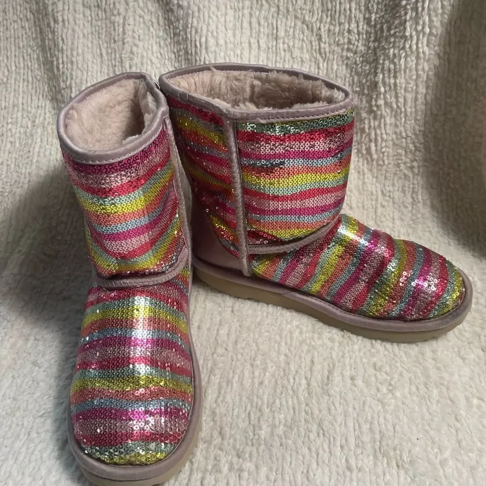 UGG sparkle Sequins Rainbow kids Boots leather blush pink trims fur lining SZ6